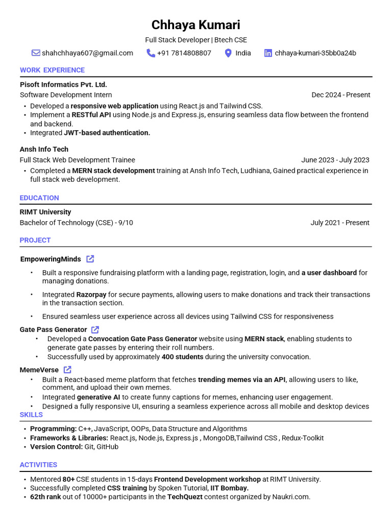Chhaya Kumari: Full Stack Developer Profile | PDF | Web Development ...