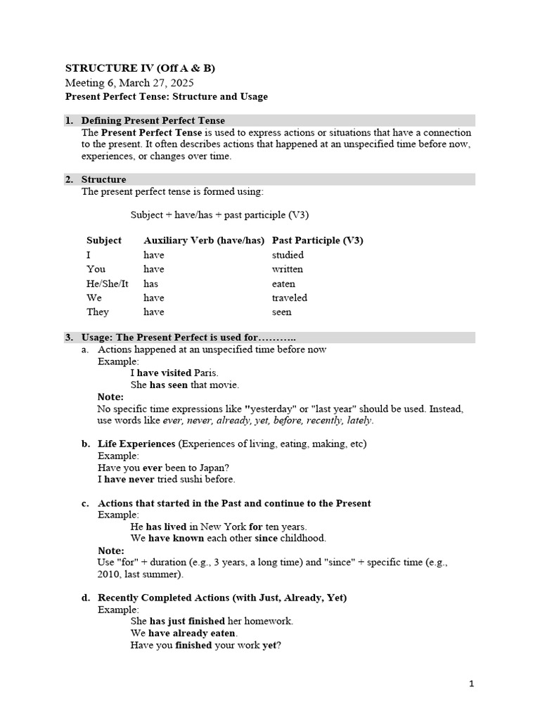 Present Perfect Tense Explained | PDF | Perfect (Grammar) | Grammatical ...