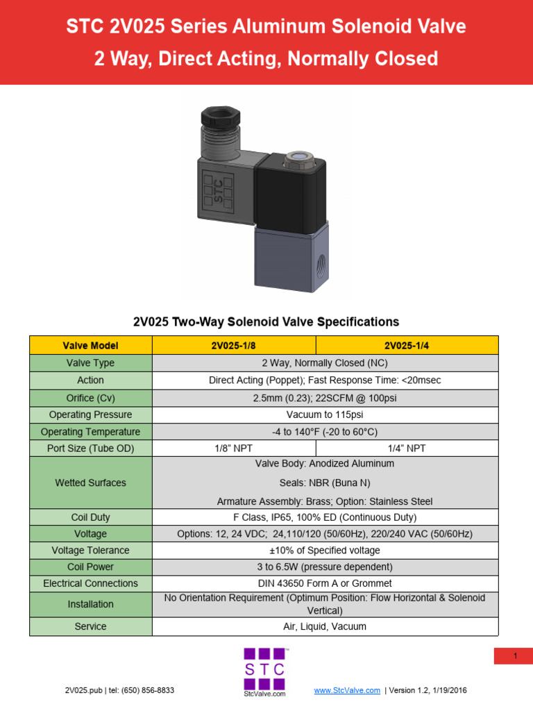 STC 2V025 Two-Way Solenoid Valve Specs | PDF | Vehicle Parts | Plumbing