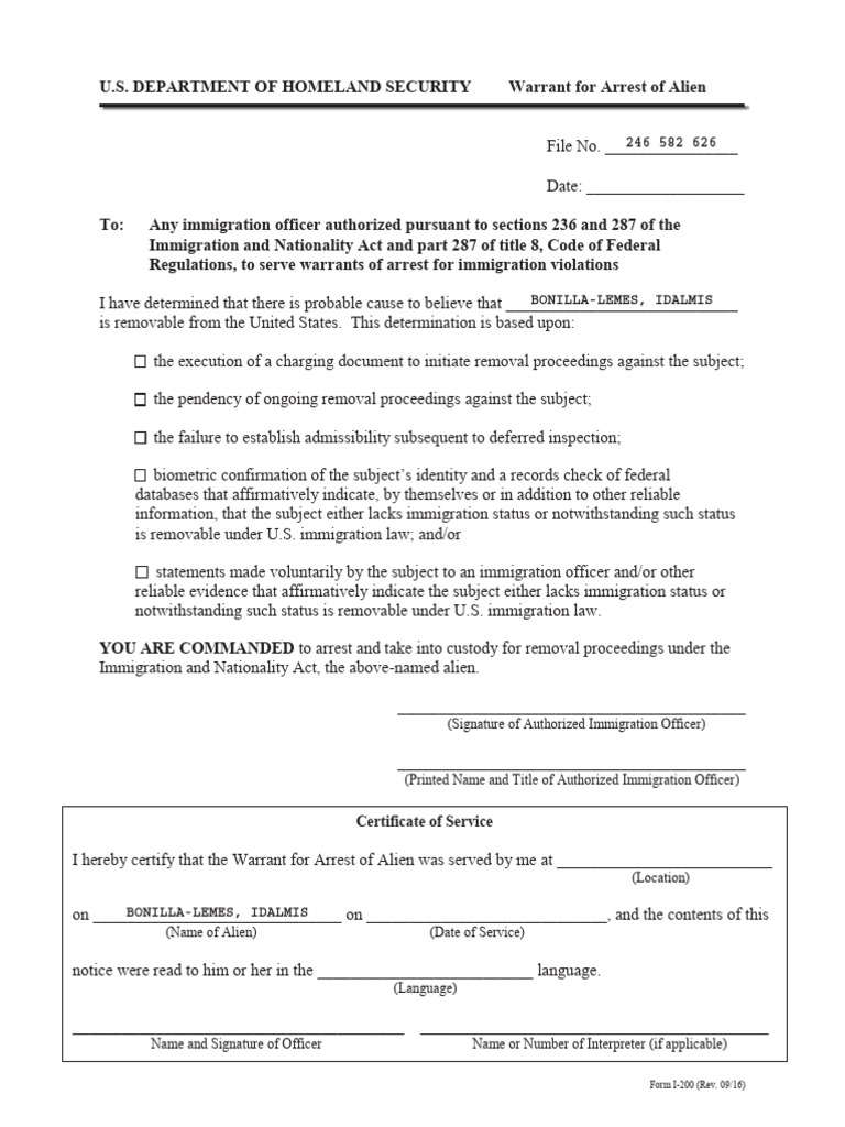 I-200 Warrant for Arrest of Alien | PDF | Arrest | Removal Proceedings