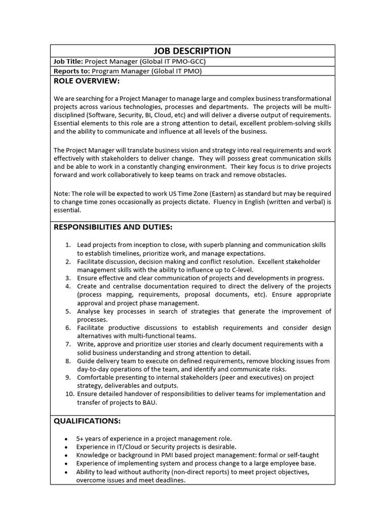 Global IT PMO Project Manager Role | PDF | Project Management | Business