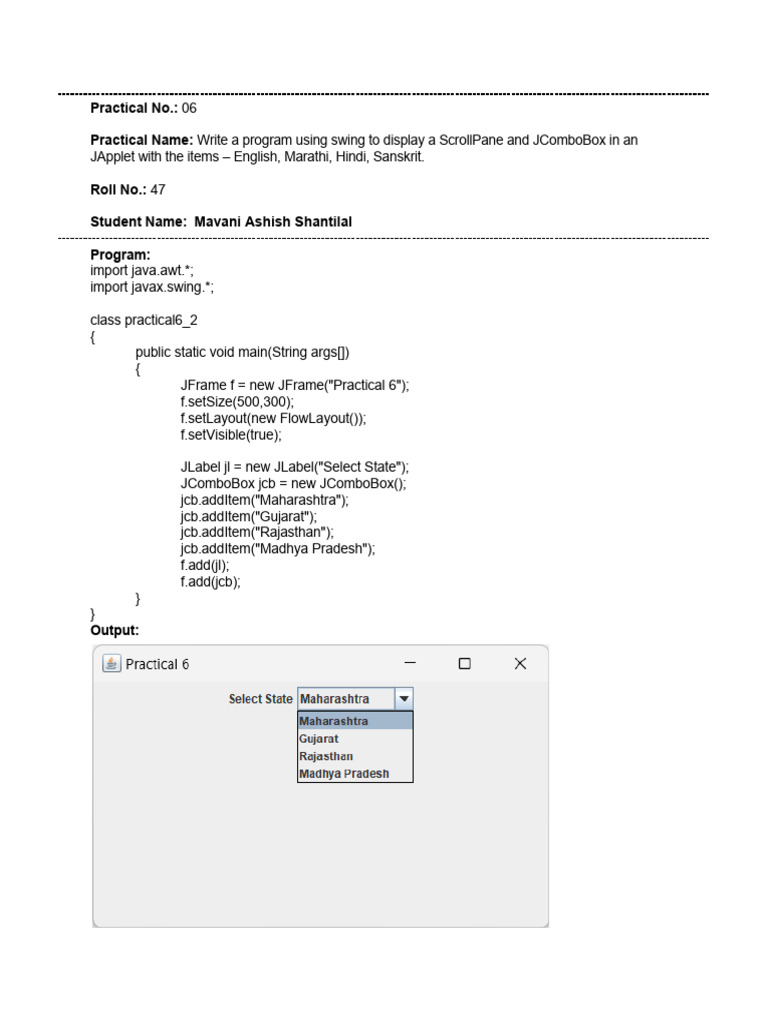 Swing Program with ScrollPane & JComboBox | PDF