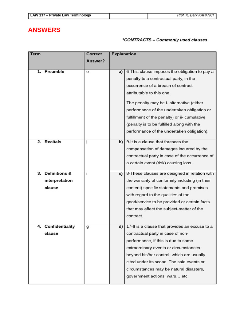 4 - ANSWERS - Word Matching Ex - CONTRACTS - Commonly Used Clauses ...