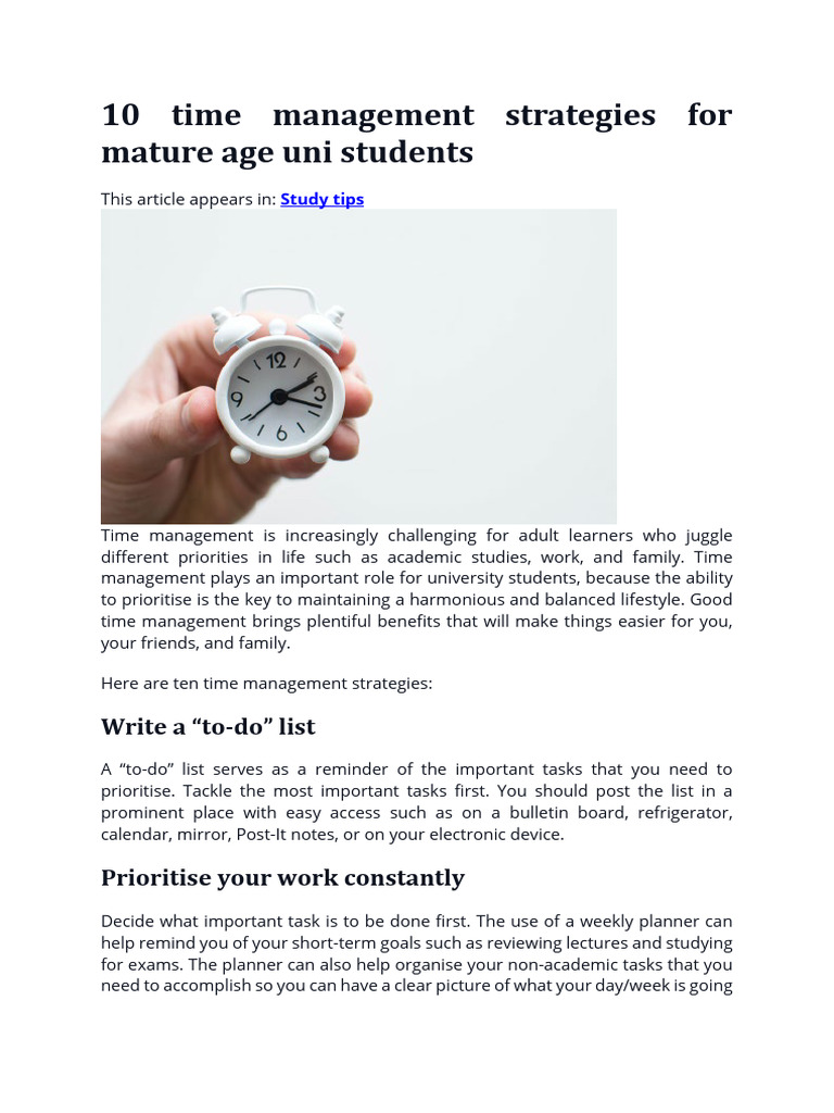 10 Time Management Strategies For Mature Age Uni Students | PDF | Time ...
