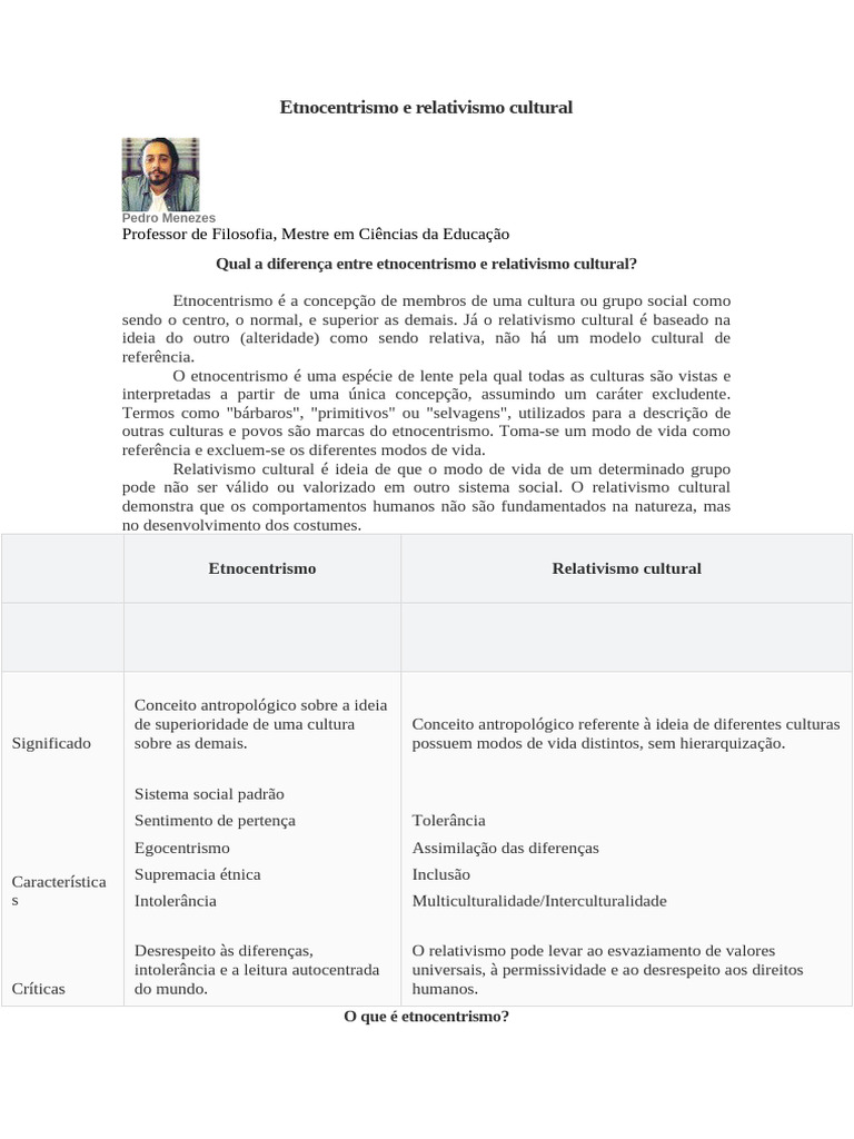 Etnocentrismo vs Relativismo Cultural | PDF | Relativismo | Antropologia