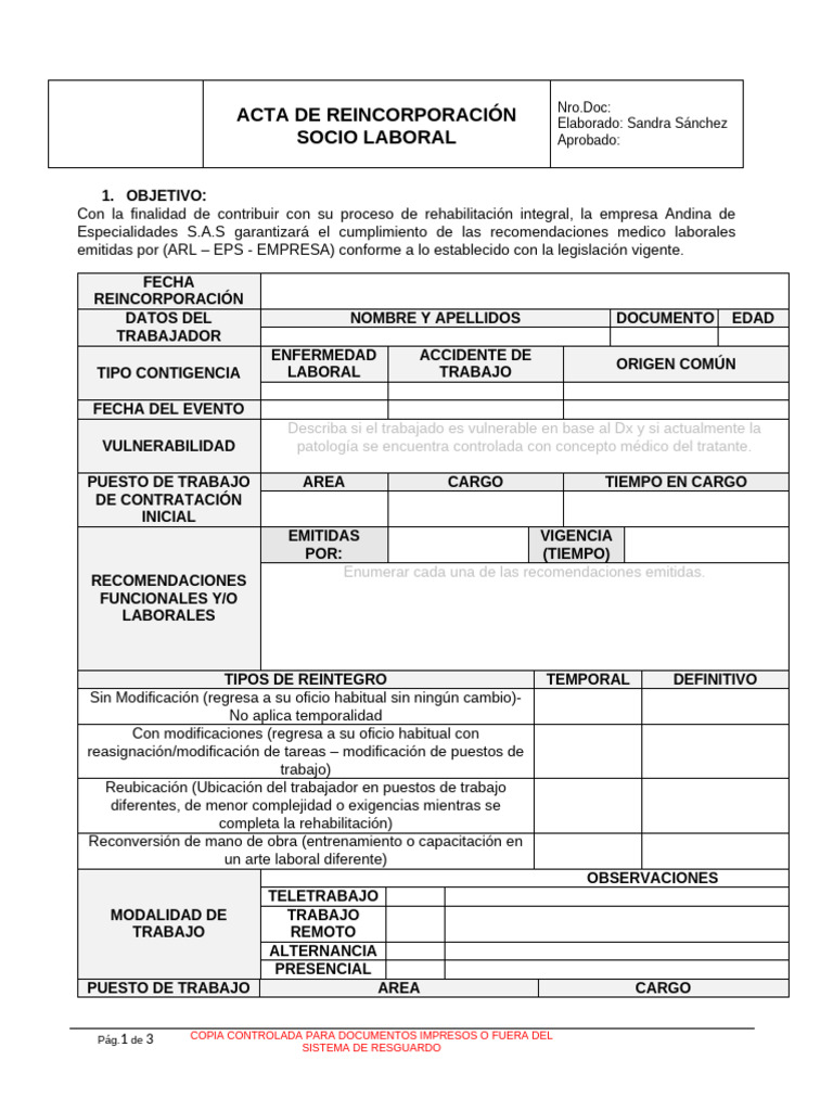 Acta de Reincorporación Laboral | PDF