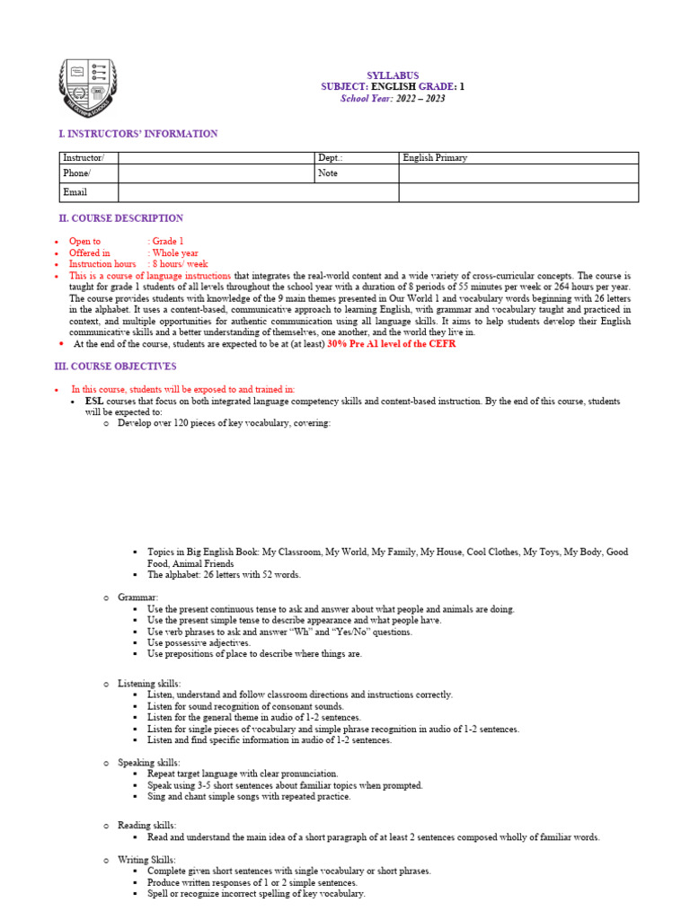 Grade 1 English Course Syllabus 2022-2023 | PDF | Vocabulary | Reading ...