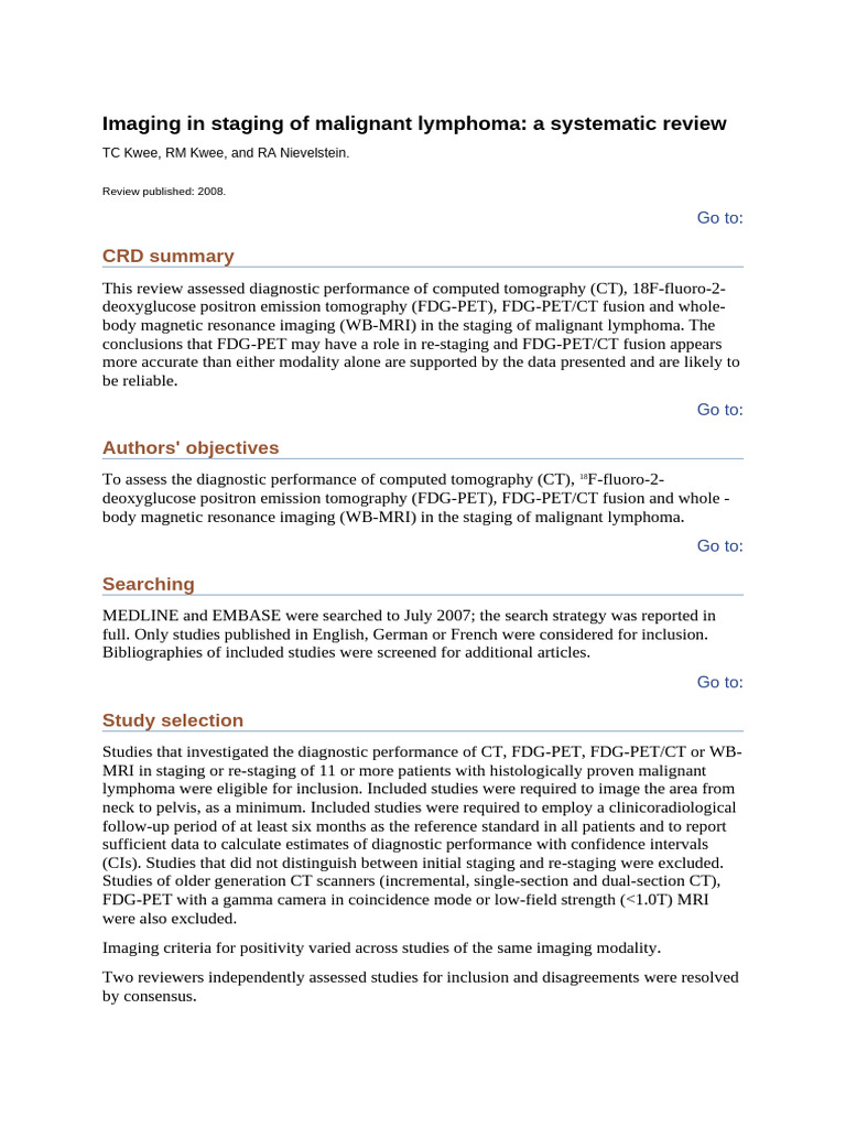 Imaging in Staging of Malignant Lymphoma | PDF | Positron Emission ...