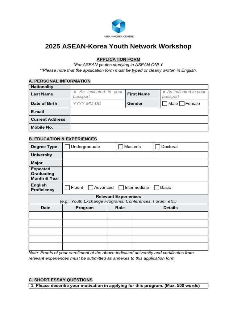 2025 ASEAN-Korea Youth Workshop Application | PDF