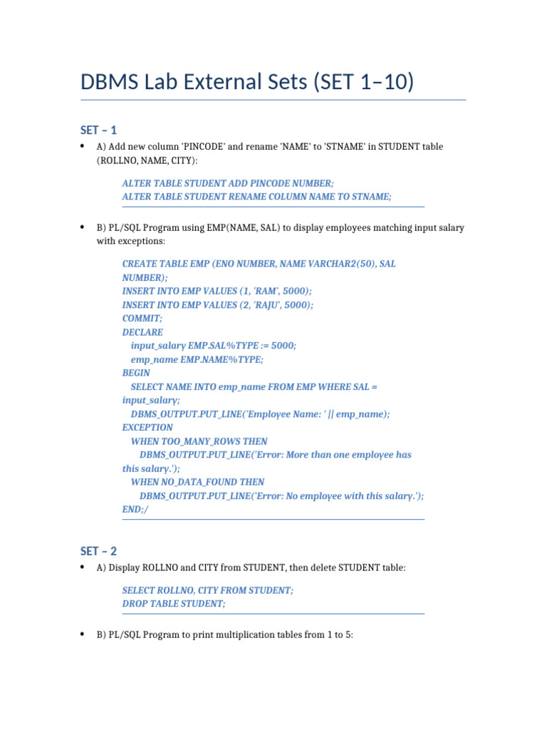 DBMS Lab Exercises and PL/SQL Examples | PDF | Pl/Sql | Data
