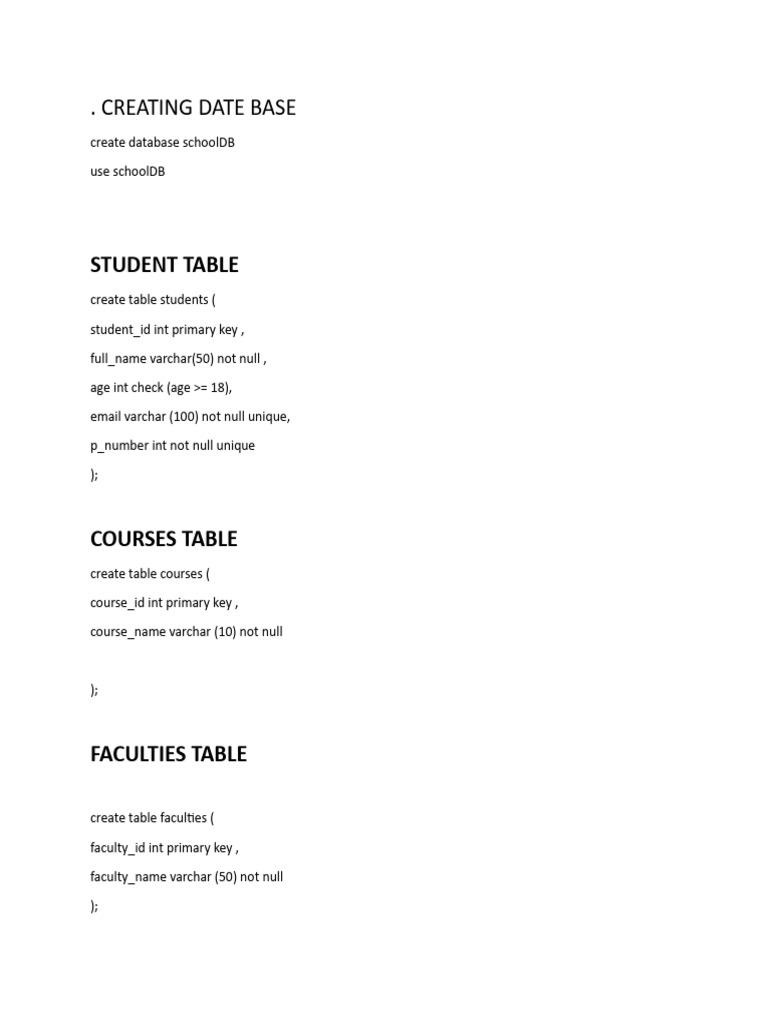 SQL Database Schema for School Management | PDF
