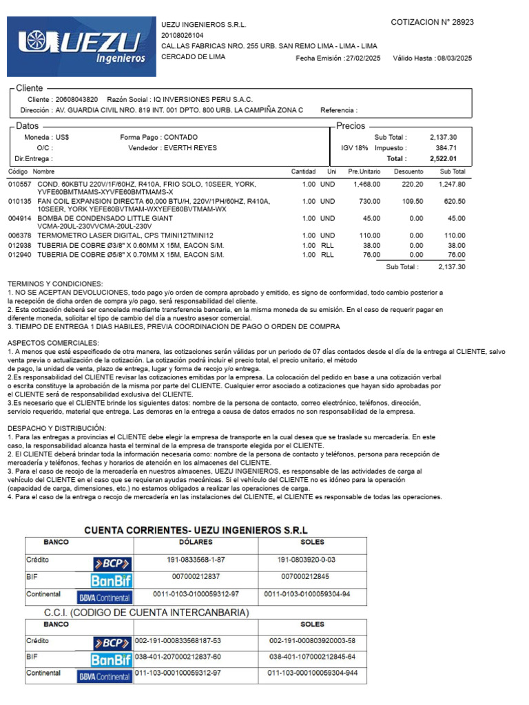 Cotización N° 28923 - UEZU INGENIEROS | PDF | Business | Economias