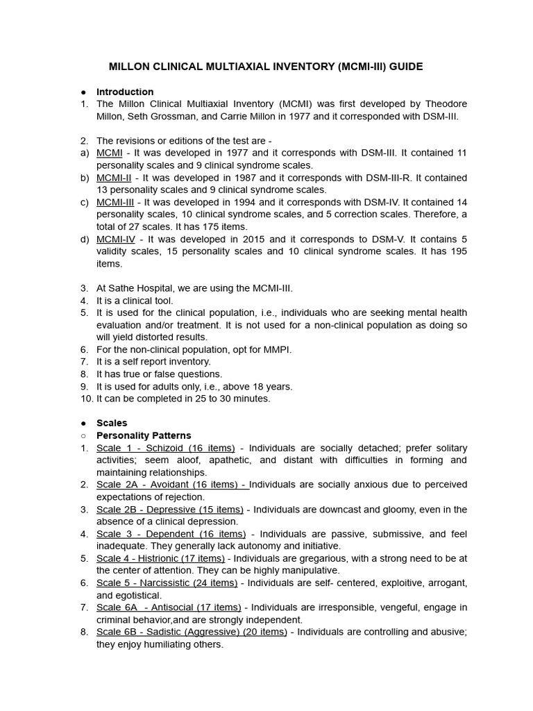MCMI-III Overview and Scoring Guide | PDF | Mental Disorder | Abnormal ...