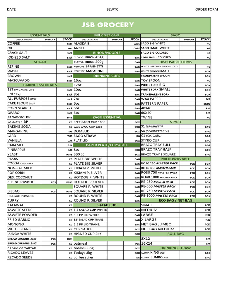 Comprehensive Grocery Order Form | PDF | Baking | Foods