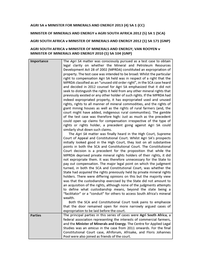 Agri SA vs Minister: MPRDA Expropriation Case | PDF | Eminent Domain ...