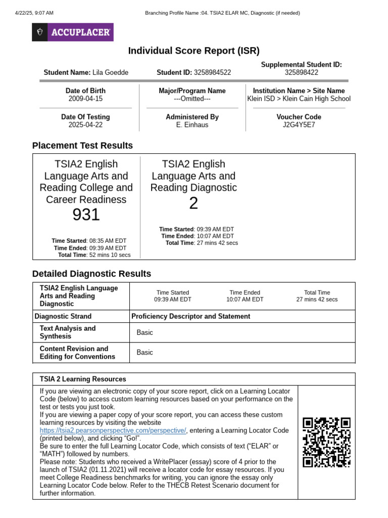TSIA2 English Score Report for Lila Goedde | PDF