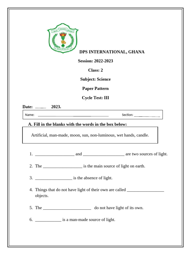 Science Paper Format for Class 2 | PDF