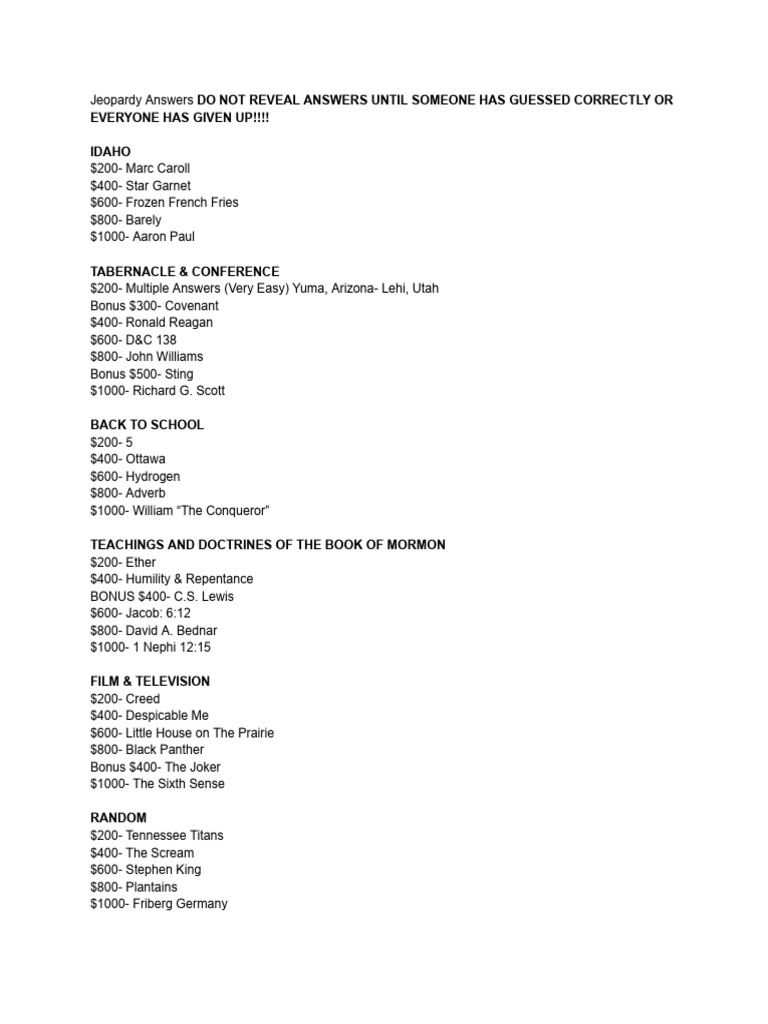 Jeopardy Answers | PDF