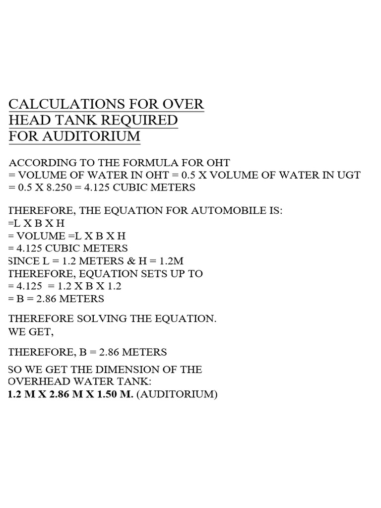 Overhead Tank Calculations for Auditorium | PDF