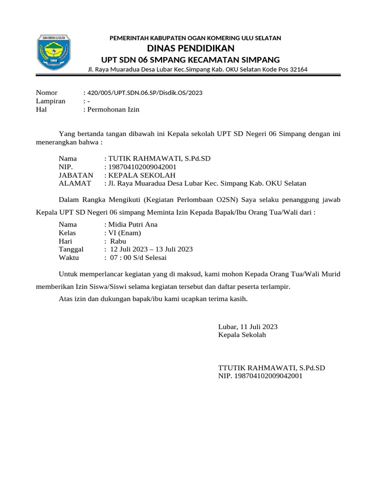 Permohonan Izin Kegiatan O2SN Siswa | PDF