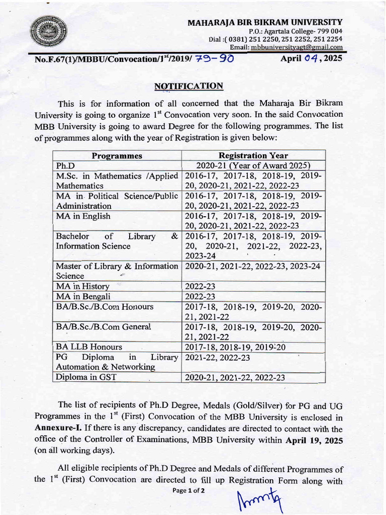 MBB University First Convocation Notice | PDF | Academic Degree ...