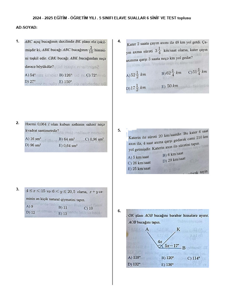 Elave Suallar 6 Sinif Ve Test Toplusu | PDF