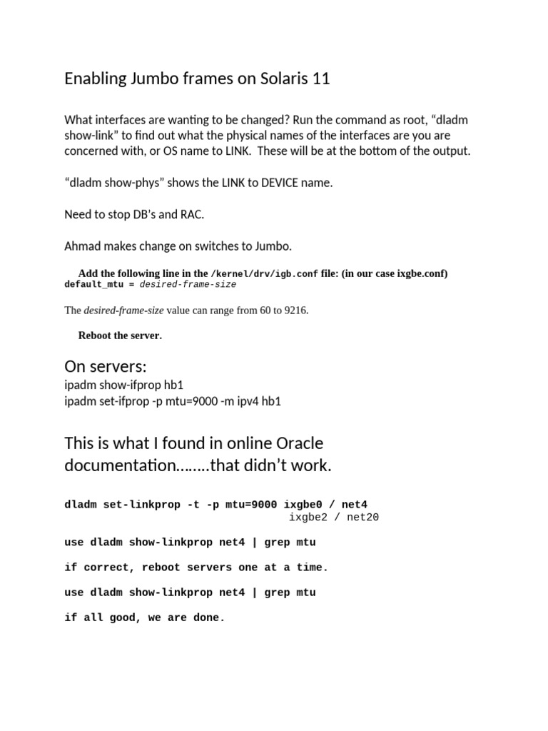 Enabling Jumbo Frames on Solaris 11 | PDF