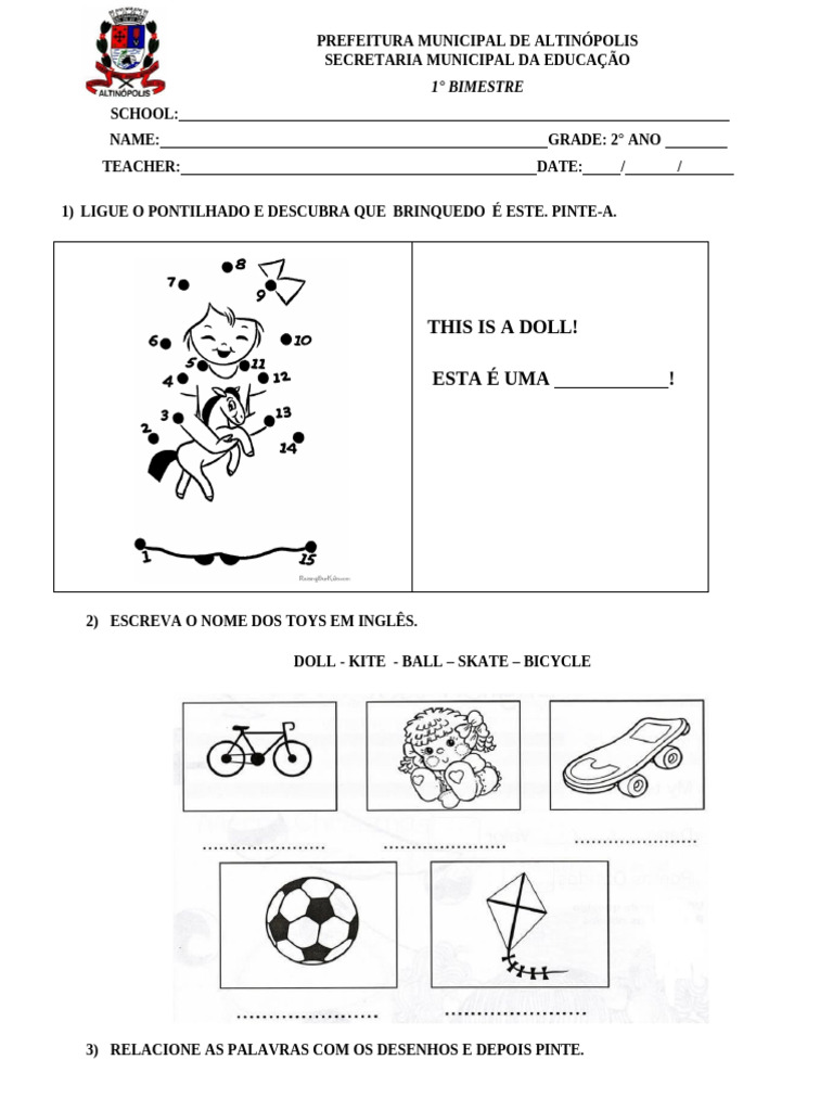 2° ANO - Prova de Inglês - 1° bim (1) - Copia | PDF
