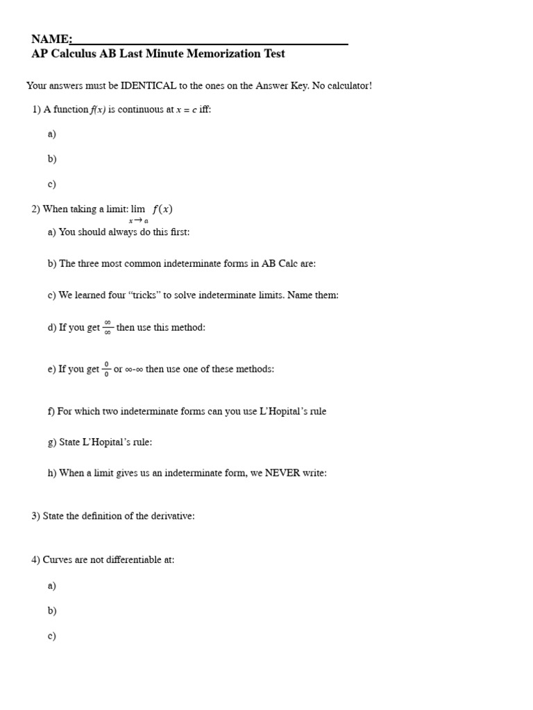 AP Calculus AB Quick Review Guide | PDF | Area | Derivative