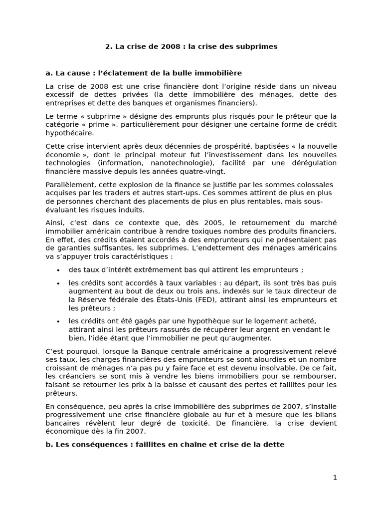 Crise de 2008 : Causes et Conséquences | PDF | Crise des subprimes ...