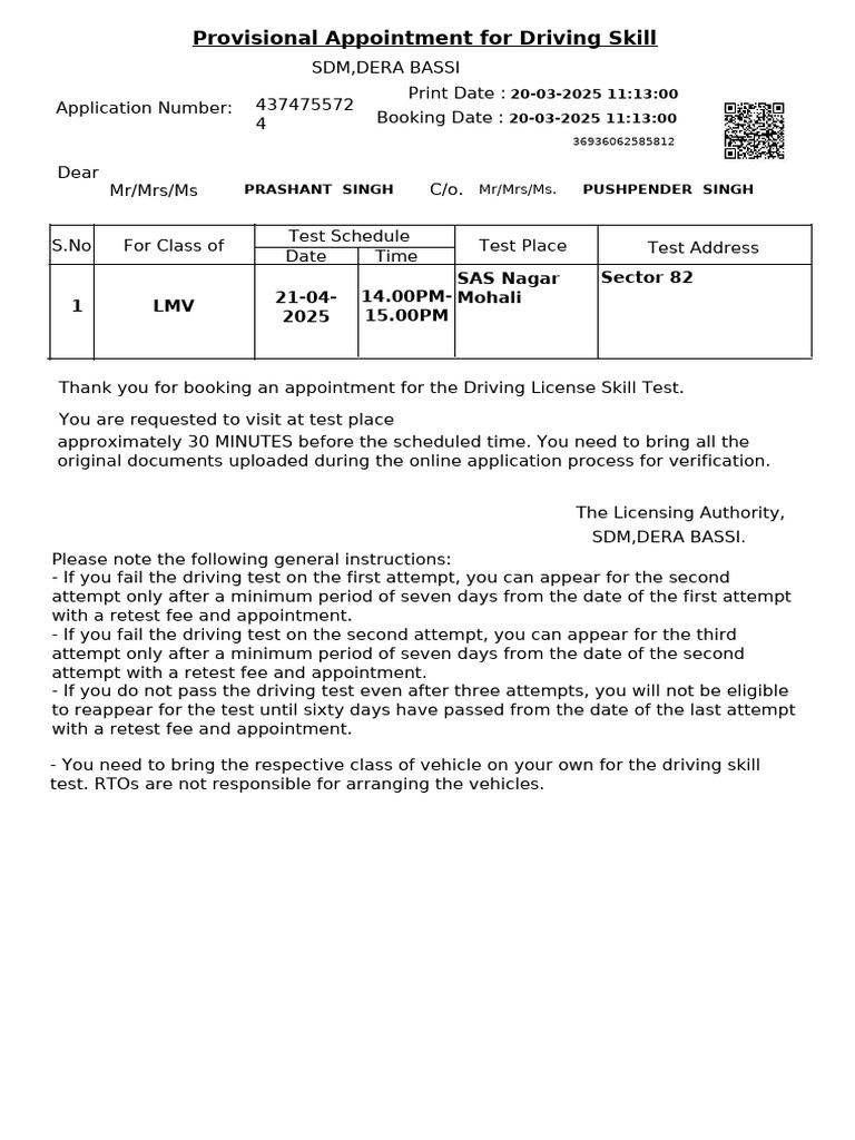 Driving Test Appointment - Sector 82 Mohali | PDF