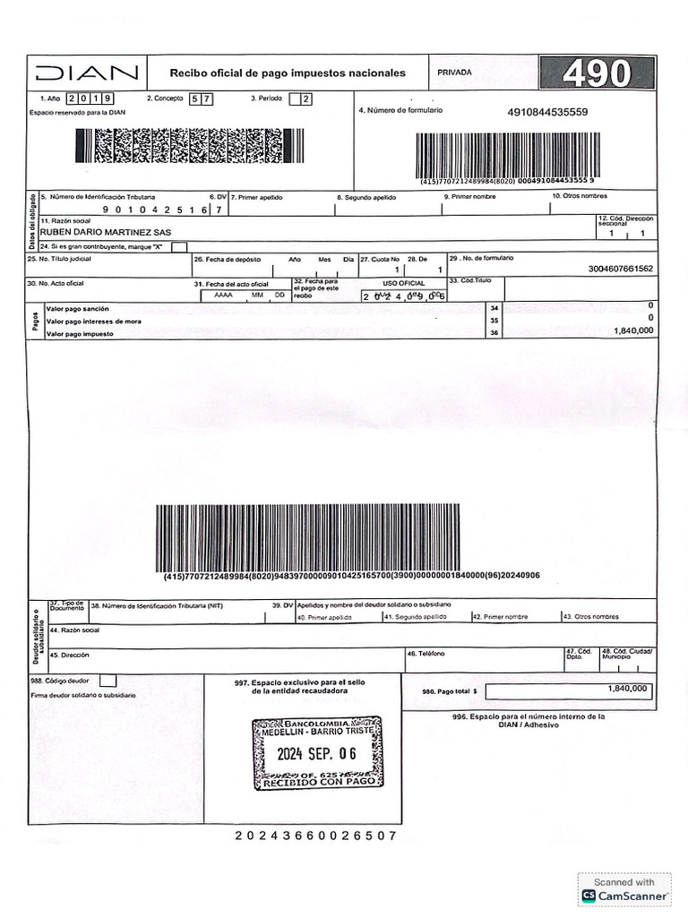 Recibo Oficial de Pago 490 - 30% | PDF