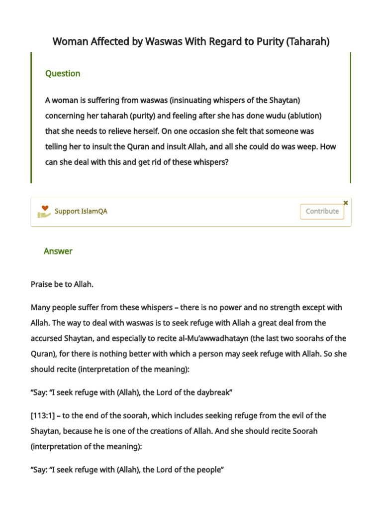 Woman Affected by Waswas With Regard To Purity (Taharah) - Islam ...