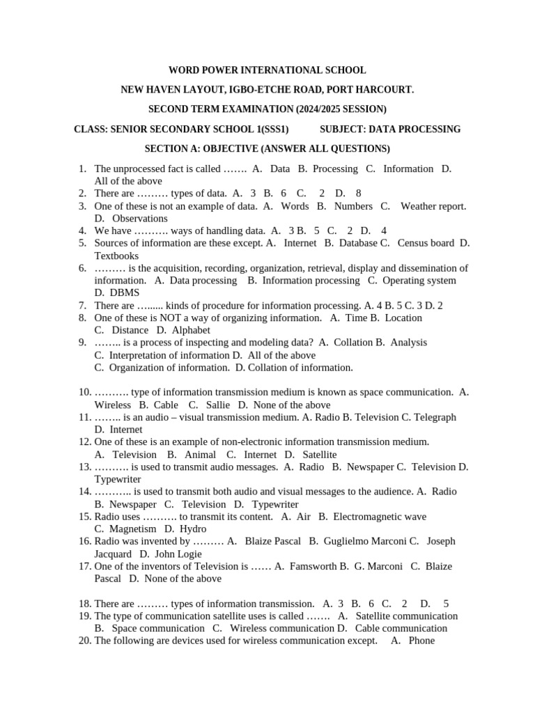 SSS1 Data Processing Exam Questions | PDF | Plateau | Reproduction