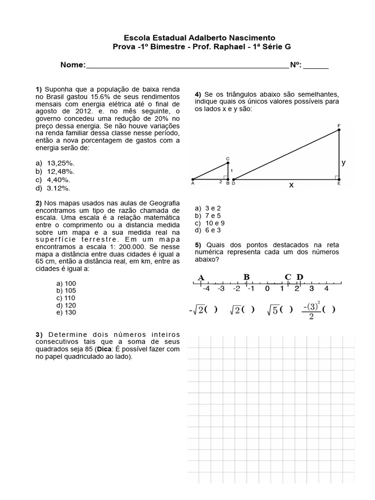 Prova de Matemática - 1ª Série G | PDF
