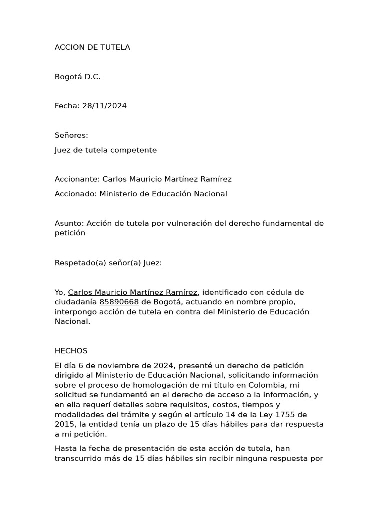 Acción de tutela por falta de respuesta | PDF