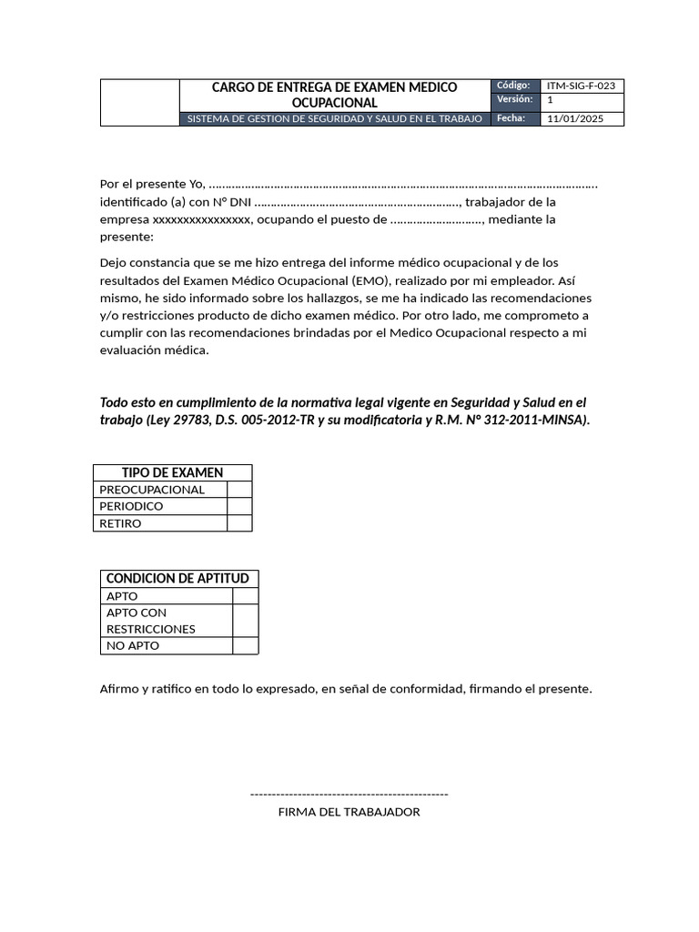 ITM-SIG-F-023 Cargo de Entrega de Examen Medico Ocupacional | PDF