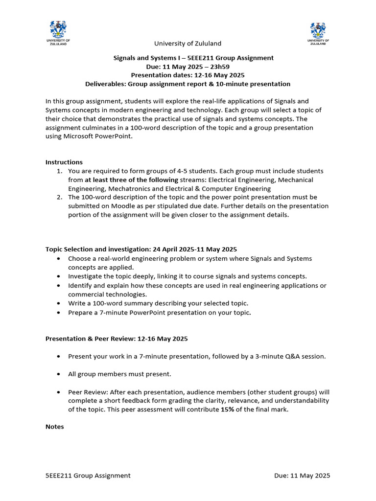 Signals And Systems Group Assignment Guide Pdf Engineering Peer