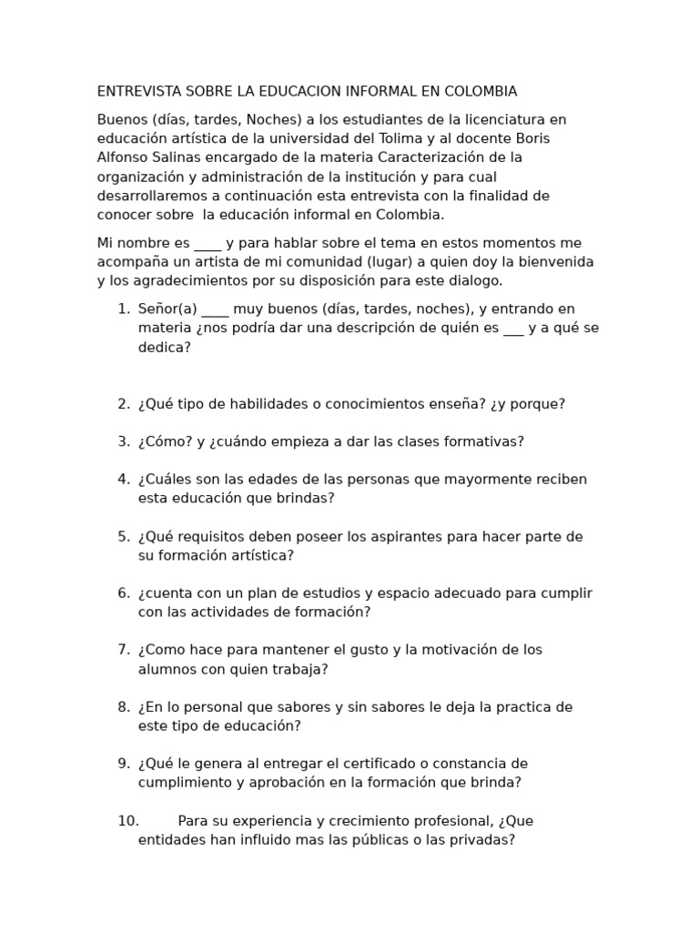 Educación Informal en Colombia: Entrevista | PDF | Colombia