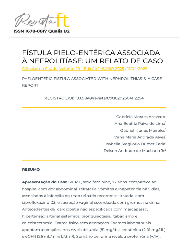 Fístula Pielo-Entérica e Nefrolitíase: Caso Clínico | PDF | Infecção do ...
