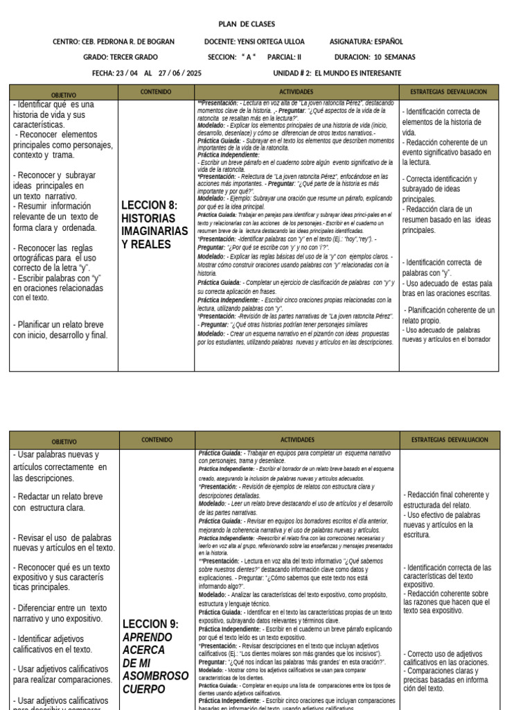 Plan de Clases de Español para Tercer Grado | PDF | Ortografía ...