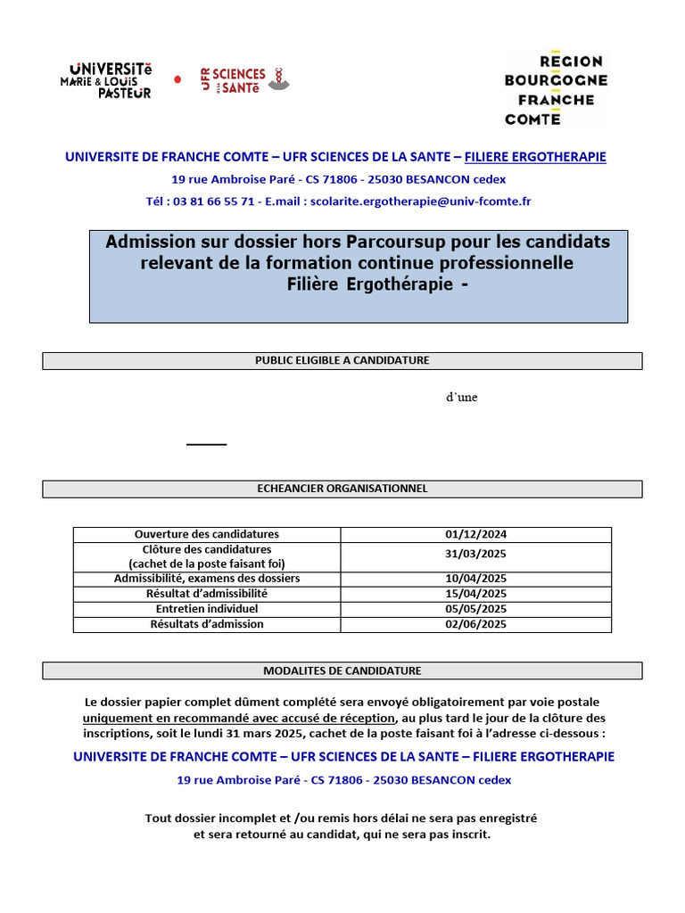 Admission Ergothérapie 2025 : Dossier et Dates | PDF | Ergothérapie