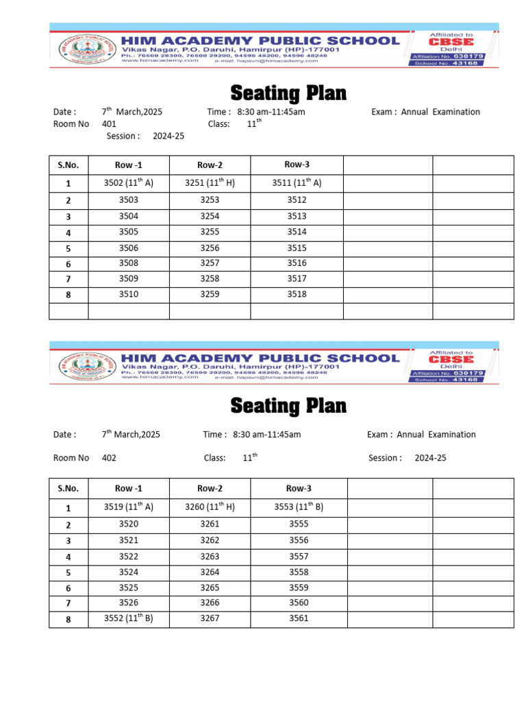 2025 Annual Exam Seating Plan for 11th Grade | PDF