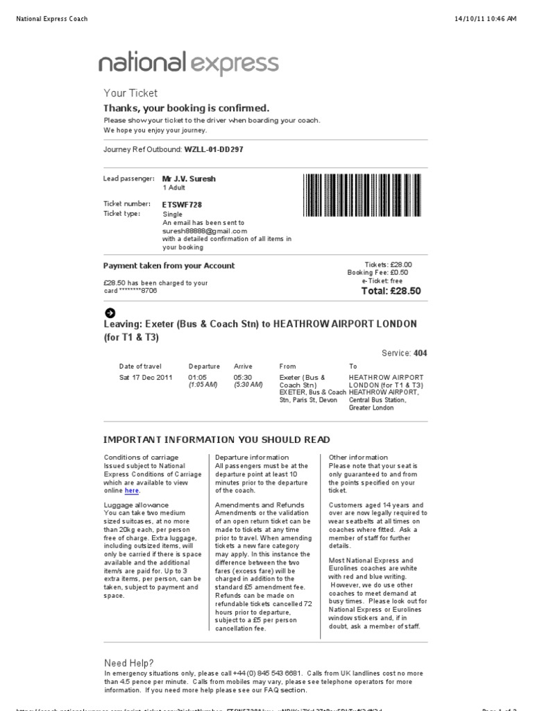 National Express Coach PDF Ticket (Admission) Public Transport