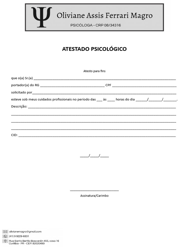 Atestado Psicológico: Modelo e Exemplo | PDF