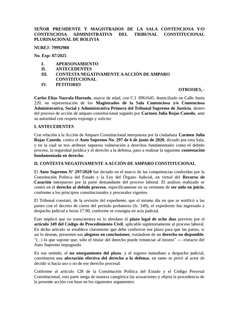 Contestación a Acción de Amparo en Bolivia | PDF | Ley procesal | Caso ...
