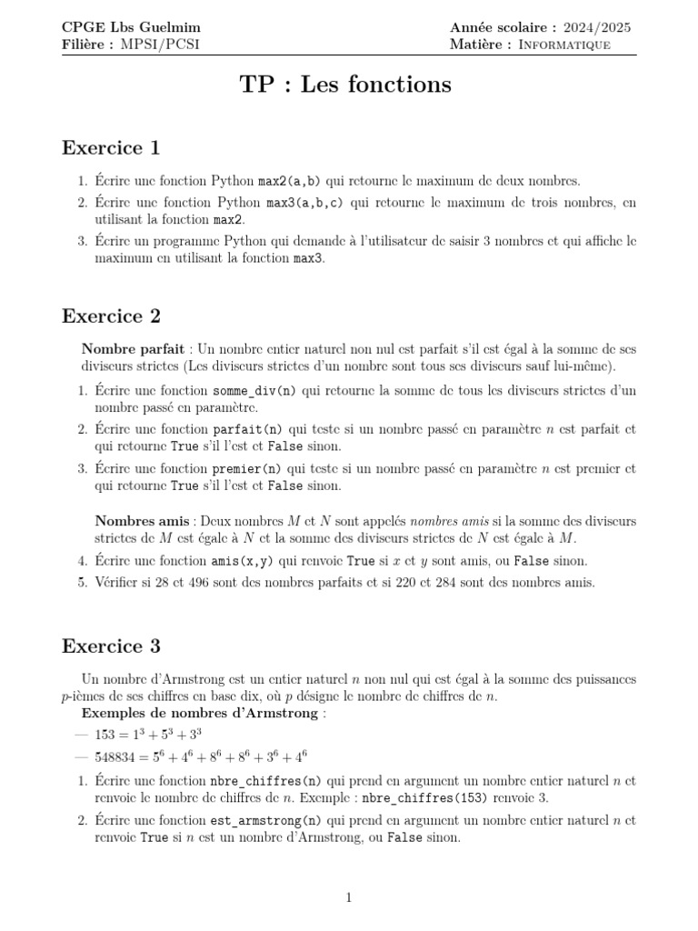 Exercices Python : Fonctions et Nombres | PDF | Entier naturel ...