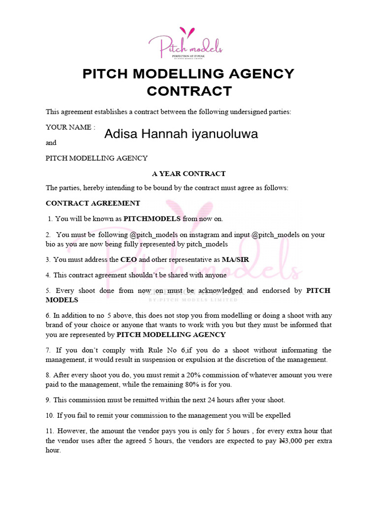 Pitch Modelling Agency Contract Terms | PDF
