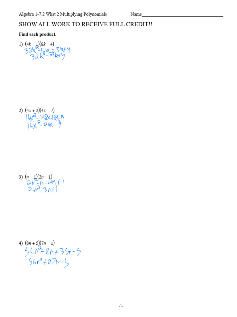 7.2 WKST 2 Multiplying Polynomials | PDF