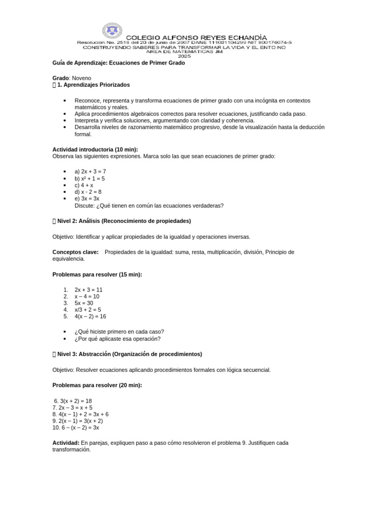 Guía de Aprendizaje Ecuaciones | PDF